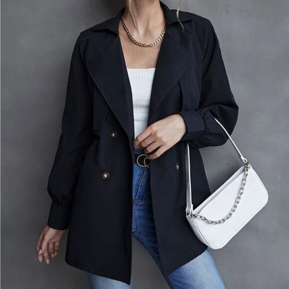 SHEIN Jackets & Blazers - SHEIN Never Been Worn Lapel Neck Double Button Belted Trench Coat S Navy Blue